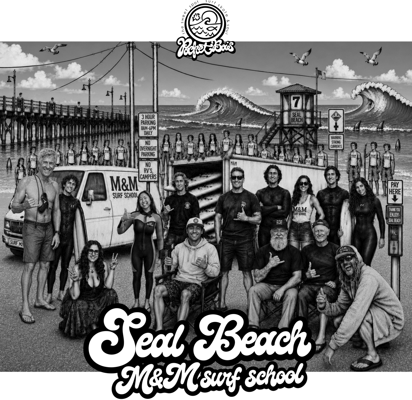 PRE-ORDER YOURS BY JULY 31, 2026 M&M Surf School Seal Beach Crew Tee