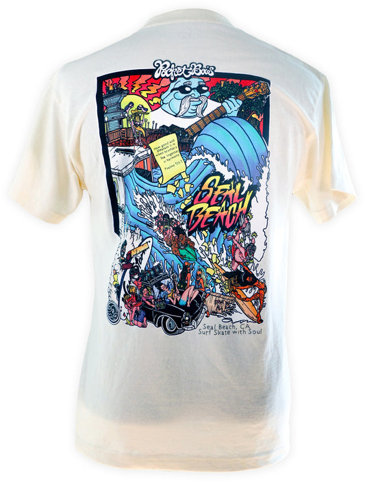 SOLD OUT!  Pocketbois collab with M&M Surf School, Seal Beach.  Creme Color Classic Regular Fit Tshirt