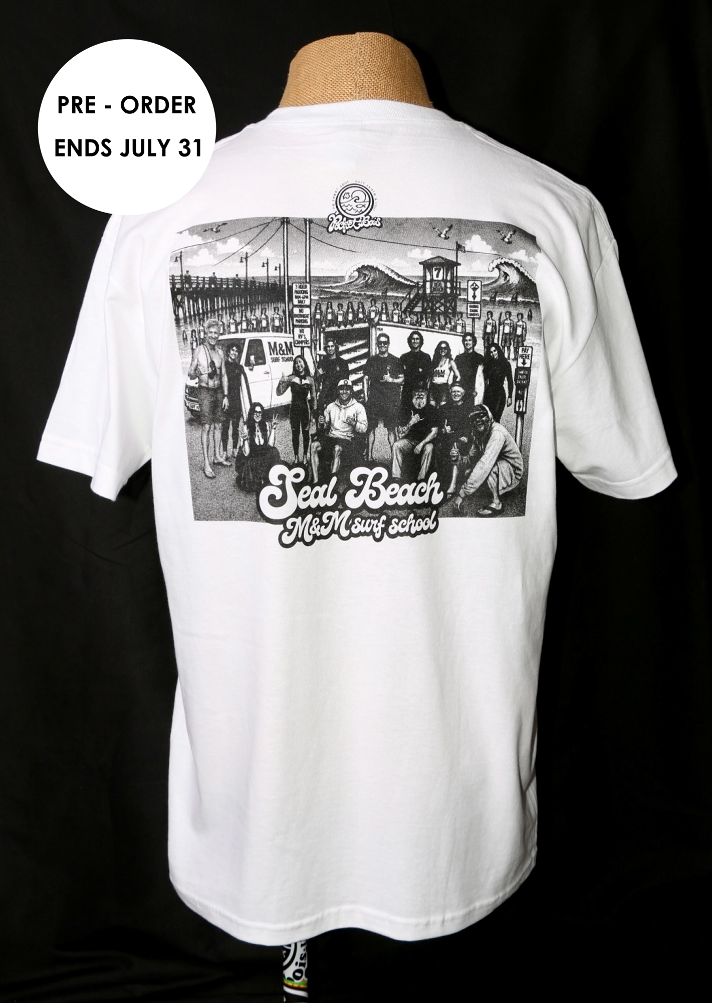 PRE-ORDER YOURS BY JULY 31, 2026  M&M Surf School Seal Beach Crew Tee