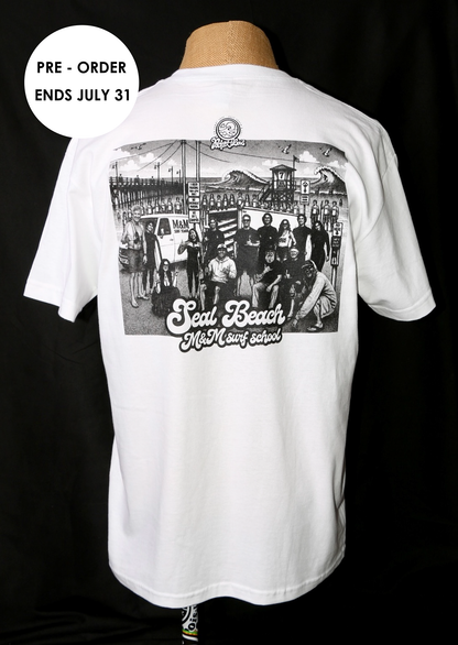 PRE-ORDER YOURS BY JULY 31, 2026  M&M Surf School Seal Beach Crew Tee